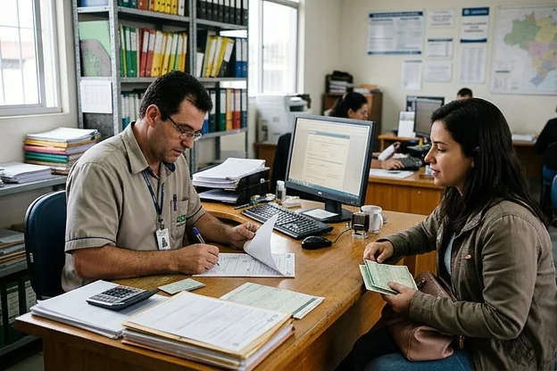 Despachante auxiliando cliente no preenchimento de documentos para transferência de veículo.