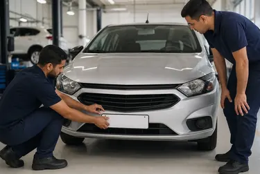 Despachante entregando placas de veículo após o 1º emplacamento.
