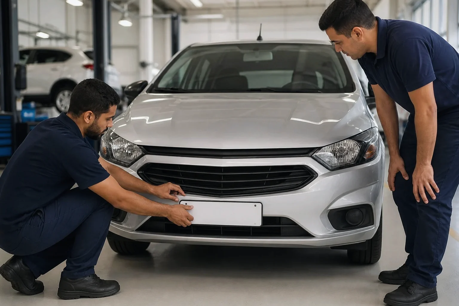 Despachante entregando placas de veículo após o 1º emplacamento.
