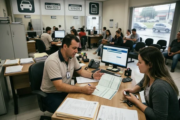 Despachante explicando o processo de emplacamento para cliente.